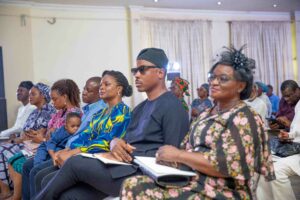 Wife of the deceased, Kofo, his son, Ayodele at Evening of Tributes in Memory of Professor Femi Soyinka held at Divine Grace Event Centre on New Ife-Ibadan Expressway in Ibadan