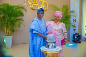 Mr and Mrs Mike Awoyinfa during the cutting of the birthday cake