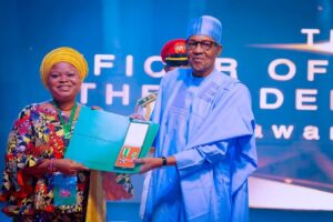 President Buhari conferring the national honour of the Officer of the Federal Republic, OFR on the Senior Special Assistant to the President on Sustainable Development Goals, (SSAP-SDGs), Princess Adejoke Orelope-Adefulire