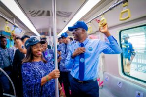 Governor of Lagos State, Mr Babajide Sanwo-Olu (right) and the First Lady, Dr (Mrs) Ibijoke Sanwo-Olu onboard the first commercial train trip on the Blue Line Rail from Marina Station to Mile 2 Station, on Monday, 04 September 2023.