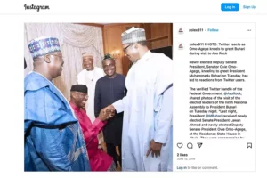 Former Deputy President of the Senate of Nigeria kneeling to greet former President Muhammad Buhari Screenshot from Instagram