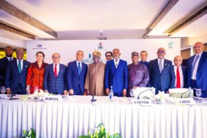 President Bola Ahmed Tinubu,(Middle),Past President CII & Founder and Chairman Bharti Enterprises,Mr Sunil Bharti Mittal,Director General CII,Mr Chandrajit Banerjee,Minister of Trade Investment Mrs Doris Uzoka-Anite, Minister of Finance Economy,Mr Olawale Edun,Minister of Digital Economy, Mr BosunTijani (Right) Minister of Foreign Affairs,Mr Yusuf Tuggar,High Commissioner of Nigeria to India, Ahmed Sule,Ogun State Governor Prince Dapo Abiodun,President Nigeria/India Business Council, Mr Sharma and President CII & Chairman, TVS Supply Chain Solutions Ltd,Mr R Dineh,during Nigeria/India Presidential Roundtable Business Conference at le Meriden, New Delhi,India. 06/09/2023