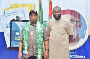 Governor Hope Uzodimma of Imo State (left) with the National President of NANS, Usman Umar Barambu, shortly after the Governor was decorated Patron of National Association of Nigerian Students by the members at Government House Owerri... Weekend.