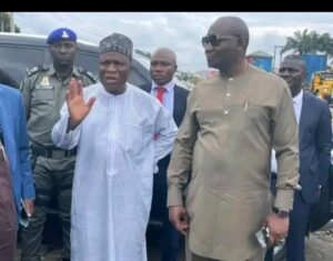 (Left -Right) Minister of Niger Delta Development,Engr. Abubakar Momoh and Dr Samuel Ogbuku, Managing Director the Nigeria Delta Development Commission,NDDC during the inspection of the bad portions of East-West road in Rivers State.