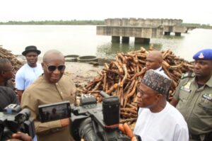 Engr. Abubakar Momoh,Minister of Niger Delta Development and Dr. Samuel Ogbuku, Managing Director, NDDC, inspecting Borikiri-Okrika road under construction by NDDC in Rivers State