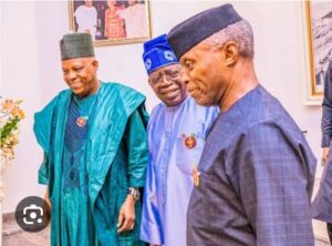 File: President Tinubu, centre; Prof. Osinbajo, right, and VP Shettima, left