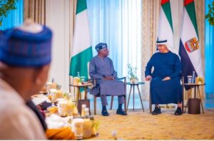 President Tinubu , left, and Mohamed bin Zayed Al Nahyan