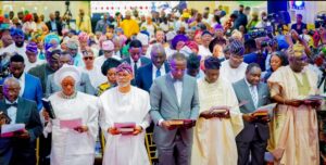 front row from left: Newly appointed members of the Lagos State Executive Council: Commissioners - Mr. Lawal Pedro, SAN (Justice); Mrs. Bolaji Dada (Women Affairs & Poverty Alleviation); Prof. Akinola Abayomi (Health); Barr. Tokunbo Wahab (The Environment); Mr Moruf Akinderu-Fatai (Housing); Mr. Olugbenga Omotoso (Information & Strategy); Hon. Ibrahim Layode (Home Affairs & Culture) and others behind, taking their oath of office during their swearing-in ceremony at Adeyemi Bero Auditorium, Secretariat, Alausa, on Wednesday, 13 September 2023.