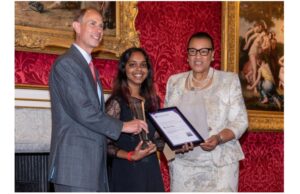 The Duke of Edinburgh, Prince Edward, left, and Commonwealth Secretary-General, the Rt Hon Patricia Scotland KC, right, with the recipient, Maya Kirti Nanan from Trinidad and Tobago