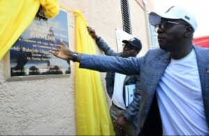 Lagos State Governor, Mr. Babajide Sanwo-Olu performing the unveiling of the Ogombo Senior High School, Eti Osa, built by the Committee of Wives of Lagos State Officials (COWLSO), on Tuesday, 26 September, 2023