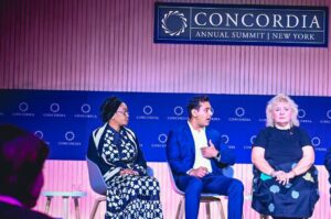 The First Lady of the Federal Republic of Nigeria Senator Oluremi Tinubu CON with other panelists Dr Jay Rajda and Dr Lucica Ditiu speaking on strategies to advance global health standards and investments towards effectively financing the eradication of Tuberculosis at the CONCORDIA side meeting in New York