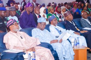 L_R: Minister of Solid Minerals Development, Dr. Dele Alake, Secretary to the Government of the Federation (SGF), Sen. George Akume, Minister of Environment, Balarabe Abbas Lawal and Minister of Steel Development, Prince Shuaib Audu at the 2nd edition of the Africa Natural Resources and Energy Investment Summit (AFNIS), at the International conference center in Abuja, Oct. 31, 2023.