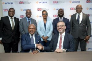 Front Row (L-R): Seyi Kumapayi, Executive Director, African Subsidiaries, Access Bank PLC, and Admir Imami, Director & Head of Trade and Supply Chain Finance, British International Investment (BII) Back Row (L-R): Kehinde Adeoti, Team Lead, Strategic Investments, Access Bank PLC; Benson Adenuga, Head of Office & Coverage Director, Nigeria, BII; Adeola Ukoha, Coverage Manager, Nigeria, BII; David Banson, Investment Manager, Trade and Supply Chain Finance, BII, and Rowly Isioro, Head, Trade and Global Transaction Banking (Africa), Access Bank PLC, at the official signing of the $60 million trade finance facility for Access Bank Plc in Nigeria and five of its pan-African subsidiaries in Lagos, recently.