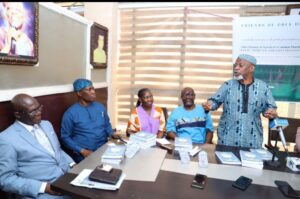 Odia Ofeimun, right, delivering his speech on Thursday 28 September, 2023 From left: Dr Reuben Abati, Martins Olaja, Molara Woods and Professor Kayode Soremekun. Photos credit: Adebayo Sharon Ogunleke