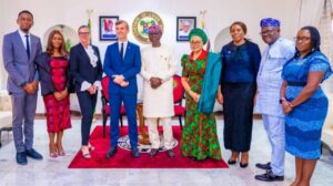 l-r: Lagos Commissioner for Innovation, Science and Technology, Mr Tunbosun Alake; Commercial Advisor, Danish Embassy, Lagos, Ms Catherine Gernor; Danish Consul General-Lagos, Ms Jette Bjerrum; Denmark Ambassador to Nigeria, Mr Sune Krogstrup; Governor of Lagos State, Mr. Babajide Sanwo-Olu; Secretary to the State Government, Barr Abimbola Salu-Hundeyin; Commissioner for Commerce, Industry, Trade & Investment, Mrs. Folasade Ambrose-Medem; Special Adviser to the Governor on Energy and Mineral Resources, Engr. Abiola Olowu and his counterpart, Office of SDGs, Dr. Oreoluwa Finnih-Awokoya, during a courtesy visit at the Lagos House, Marina, on Wednesday, 04 October 2023.