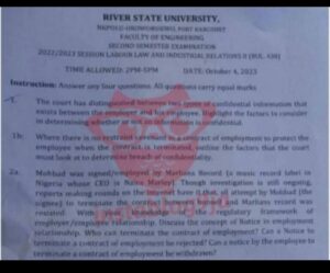Sample of the Rivers State University RSU Faculty of Engineering question.