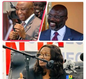 Joseph Boakai, top left; President George Weah, right and Davidetta Brown Lansana NEC Chairman, buttom