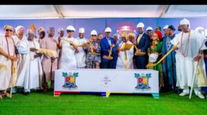 Governor of Lagos State, Mr. Babajide Sanwo-Olu flanked by Commissioner for Tourism, Arts and Culture, Mrs. Toke Benson-Awoyinka (left); Elejinrin of Ejinrin, Oba Rafiu Babatunde Balogun (right) and other dignitaries during the official groundbreaking ceremony of the Lagos Film City project in Ejirin, Epe, on Wednesday, 18 October 2023.