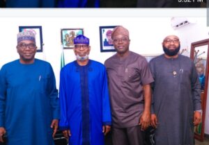 L-R: Kwara state Governor, AbdulRahman AbdulRazaq, Minister of Solid Minerials Development, Dr. Dele Alake, Oyo State Governor, Seyi Makinde and Niger state Governor, Umar Bago, during a visit to the ministers office in Abuja. Oct. 19, 2023.