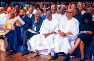 r-l: Daughter of deceased, Aunty Tokunbo Williams; Governor of Ogun State, Prince Dapo Abiodun; his Lagos State counterpart, Mr. Babajide Sanwo-Olu; son of deceased, Mr. Seni Williams and grandchildren during the funeral service of Chief Akintola Williams at the Shell Hall, MUSON Centre, Onikan, Lagos, on Thursday, 19 October 2023.