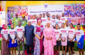 Governor Oyebanji, second left, his wife, Olayemi, former First Lady, Bisi Fayemi during the ceremony