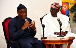 Minister of State for Health and Social Welfare, Dr Tunji Alausa (left) with Governor of Lagos State, Mr. Babajide Sanwo-Olu during a courtesy visit to the Lagos House, Marina, on Wednesday, 25 October 2023.