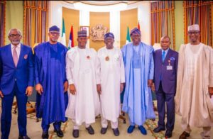 L-R: Chief of Staff to the President, Hon Femi Gbajabiamila; Ogun State Governor, Prince Dapo Abiodun; his Kogi State counterpart, Alhaji Yahya Bello; President Bola Tinubu; Lagos State Governor, Mr. Babajide Sanwo-Olu; Attorney General of the Federation/Minister of Justice, Mr. Lateef Fagbemi, SAN and the National Security Adviser, Mallam Nuhu Ribadu during a congratulatory visit on the Supreme Court verdict over the Presidential Election Petitions, at the Presidential Villa, Abuja, on Thursday, 26 October 2023
