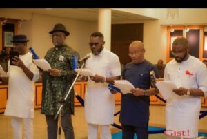 Newly Swore-in Commissioners: Dr. Gift Worlu, Housing; Austin Ben Chioma, Environment; Isaac Emejuru, Urban Development; Joe Johnson, Information & Communication and Victor Kii, Agriculture