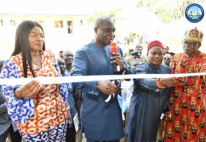 The NDDC Managing Director, Dr Samuel Ogbuku,(2nd left) cuts the tape to commission the Aquaculture Training Centre in Elugwu-Umuntu, Olokoro community in Umuahia South LGA of Abia State, supported by NDDC Director, Abia State office, and Representative of the state on the Board of the Commission, Chief Dimgba Eruba (2nd right) and a community leader, Chief Augustine Dike Nnesom (1st right). First left if the NDDC Director, Agric and Fisheries, Mrs. Winifred Madume.