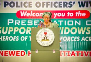 First Lady of the Federal Republic of Nigeria Senator Oluremi Tinubu, CON delivering the keynote address at the presentation of financial support to of N422.750m to 1,709 widows and orphans of fallen heroes of the Armed Forces in Abuja