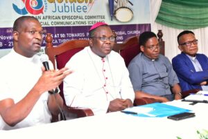 L--R, Ver. Rev. Fr. Andrew Kaufa Ulemu, Coordinator & Liaison Officer of Continental Planning Committee, Most Rev. Dr. Emmanuel Badejo (Bishop of Catholic Diocese of Oyo) / President of Assembly of the Pan - African Episcopal Committee for Social Communication ( CEPACS). Ver. Ref. Rafael Simbine junior, Secretary General, Symposium of Conference of Africa Madagascar ( SECAM). Ver. Rev. Germaine Rajoelison, 2nd Deputy Secretary General (SECAM) at the Press Conference of the 50th Golden Jubilee Celebration and Assembly of The Pan - African Episcopal Committee for Social Communication (CEPACS) in Lagos on Friday 17th November 2023