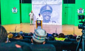 Governor Oyebanji making his speech at the Muson Centre, Lagos on Sunday evening during a Command Performance of FAJUYI FOR NIGERIA