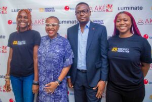 Lola Shoneyin(Middle), Convener, Ake Arts and Book Festival, Mr Maurice Igugu, Chief Marketing Officer, Sterling Bank and team members of the 2023 Ake Arts and Books Festival Photocredit Efunla Ayodele