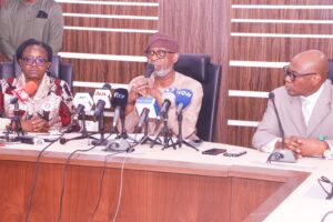 L-R: Permanent Secretary, Ministry of Solid Minerals Development, Dr. Mary Ogbe, the Honorable Minister of Solid Minerals Development, Dr. Dele Alake and Director, Investment Promotion and Mineral Trade of the Minister of Solid Minerals Development, Mr. Ime Ekrikpo, during a press conference by the honorable Minister of Solid Minerals Development, Dr. Dele Alake on the revocation of defaulting mineral titles at the Ministry head office in Abuja, Nov. 21, 2023