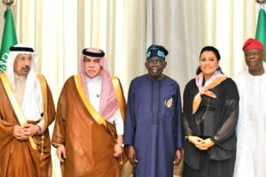 Minisrer of Commerce, Majid Al Kassabi,Minister of Investment, Khalid Al Falih ,President Bola Ahmed Tinubu, Minister of Trade Investment Mrs Doris Uzoka-Anite and Minister of Finance Economy Mr Wale Edun