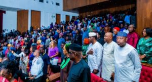 Back row from right, Erelu Bisi Fayemi, Forner Governor Fayemi, Chief Emeka Anyaoku. Middle row, from right, Governor Oyebanji, a guest and Senator Bamidele. Former Governor Adebayo, centre, was also there.