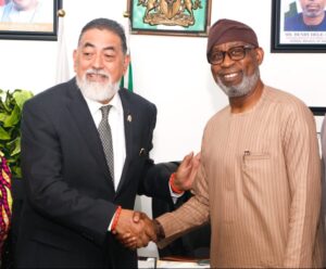 L-R: President, Seccion Internacional Para Africa, Dr. Heriberto Garcia Cortes, Minister of Solid Minerals Development, Dr. Dele Alake and former Nigeria ambassador to Mexico, Amb. Adejare Bello