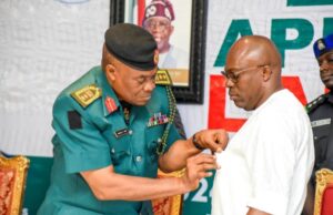 Governor Siminalayi Fubara being decorated with the 2024 Armed Forces Remembrance Day Emblem by ACG Rev. Canon Charles Hart during the Emblem Launch at Government House, Port Harcourt on Tuesday