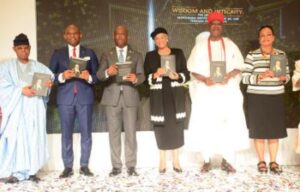 L-R: Oba Otudeko, Chairman, Honeywell Group; Tony Elumelu, Chairman/Founder, Tony Elumelu Foundation; Herbert Wigwe, Group Chief Executive Officer, Access Holdings PLC; Honourable Justice Amina Augie, JSC (Rtd); His Majesty, Igwe Nnaemeka Alfred Ugochukwu Achebe, Obi of Onitsha, and Senator Daisy Danjuma, Executive Vice Chairman, Sapetro, at the public presentation and launch of the book, ‘Wisdom and Integrity: The Legacy of Honourable Justice Amina Adamu Augie JSC CON Through Her Judgement’, held in Lagos.