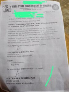The memo from Kogi State Govt to Kogi hotels