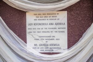The unveiling plaque of the newly commissioned Lady Kofoworola Aina Ademola Multipurpose Hall