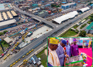 Aerial view of the newly built Overpass of the Lagos Rail Mass Transit (LRMT) Red Line project at Yaba, commissioned by Governor of Lagos State, Mr. Babajide Sanwo-Olu, on Thursday, 02 November 2023. Inset: Governor Babajide Sanwo-Olu (second left); Olu of Iwaya, Oba Suleimon Owolabi (left); Deputy Governor, Dr. Obafemi Hamzat (second right) and member, Lagos House of Assembly, Hon. Adedamola Kasunmu.