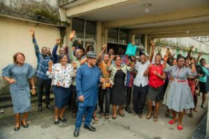 A cross section of the Rivers State Civil Servants jubilating over the announcement.