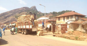 Bags of cocoa being loaded from a produce stall in Idanre.