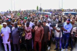 Cheering crowd welcome Governor Siminalayi Fubara at flag off of 20,000 housing Units at Mbodo Aluu, Ikwerre local government area of Rivers State