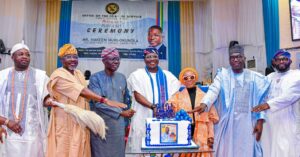 Elegushi of Ikateland,Oba Saheed Elegushi, Kusenla III; Hon. Oladele Ajayi; Governor of Lagos State, Mr. Babajide Sanwo-Olu; Ex-Head of Service (HOS) in Lagos, Mr. Hakeem Muri-Okunola; his wife, Abisola; and Governor of Kwara State and Chairman of Nigeria Governors’ Forum, Alhaji AbdulRahman AbdulRazaq and HOS Lagos, Mr. Olabode Agoro during the pulling-out ceremony of Muri-Okunola from the State Civil Service at the Adeyemi Bero Auditorium, Secretariat, Alausa, Ikeja, on Tuesday, 19 December 2023