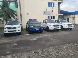 Four of the patrol Hilux vehicles donated to the Rivers State Police Command by the Chairman of Port Harcourt Local Government area, Allwell Ihunwo on behalf of council
