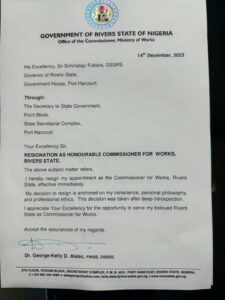 His resignation letter