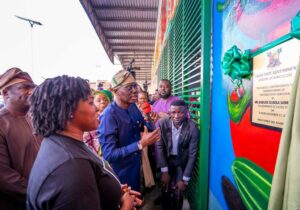 l-r: Commissioner for Agriculture, Ms. Abisola Olusanya; Deputy Governor of Lagos State, Dr. Obafemi Hamzat and Governor Babajide Sanwo-Olu during the unveiling of plaque to commission the mid-level Food Agro Hub in Idi-Oro, Mushin, on Sunday, 17 December 2023