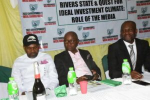 From Left to Right) Mr My Ace-China, the chief executive officer of Construction and Housing Mayor limited, Emi-Membre Otaji and Dr. Gbarale Korsi, representing Professor Barineme Fakae, former Vice Chancellor Rivers State University,Port Harcourt, Amaechi Okonkwo, Chairman Correspondent's Chapel.